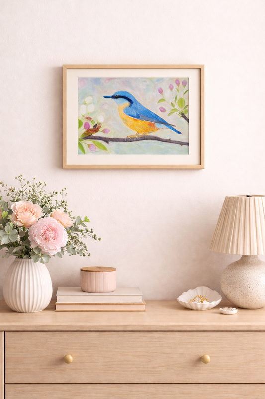 Blue Bird on Branch - Original Pastel Painting 24x32cm