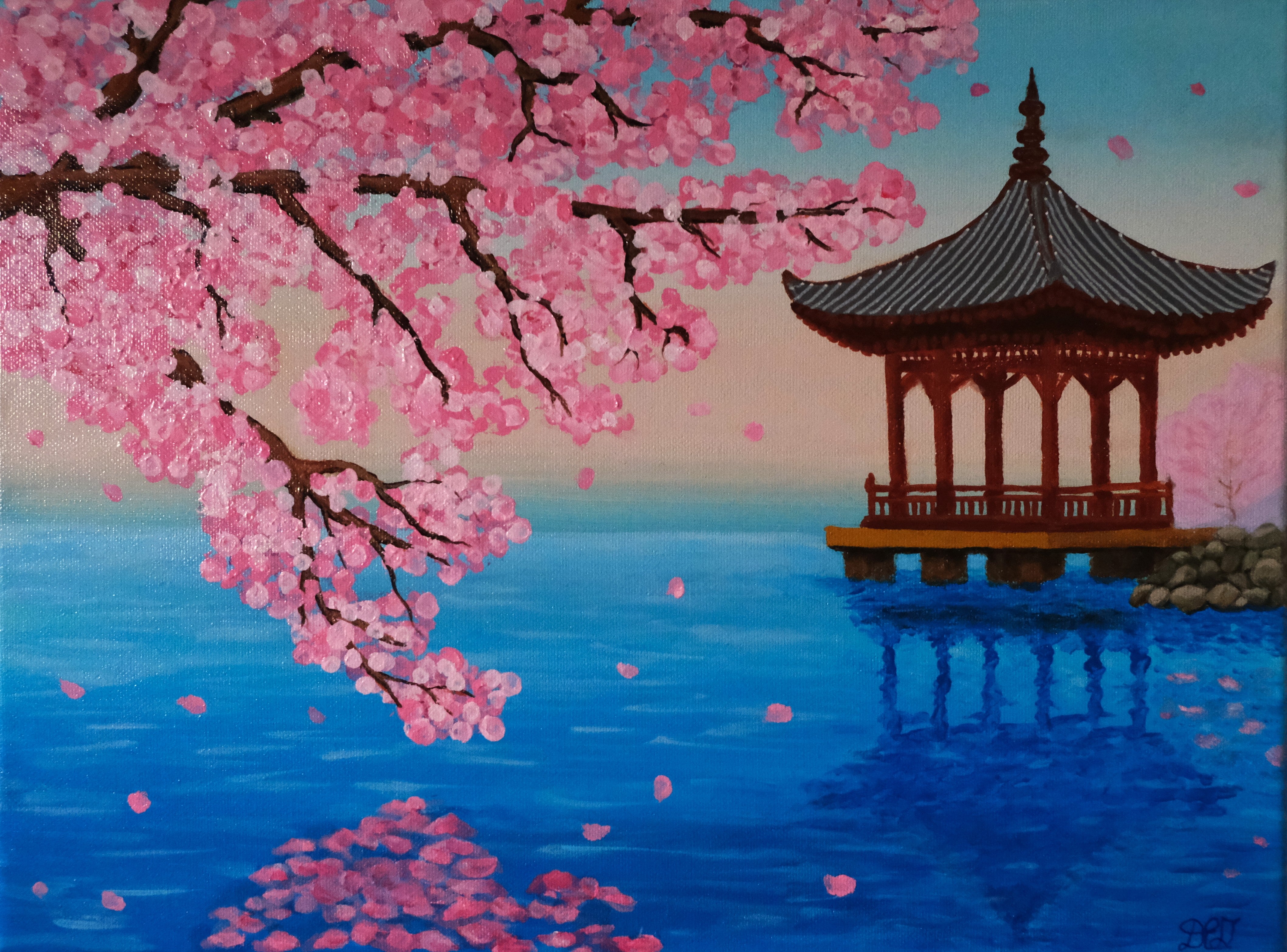 Cherry Blossom Pagoda Acrylic Painting 30x40cm | Asian Art