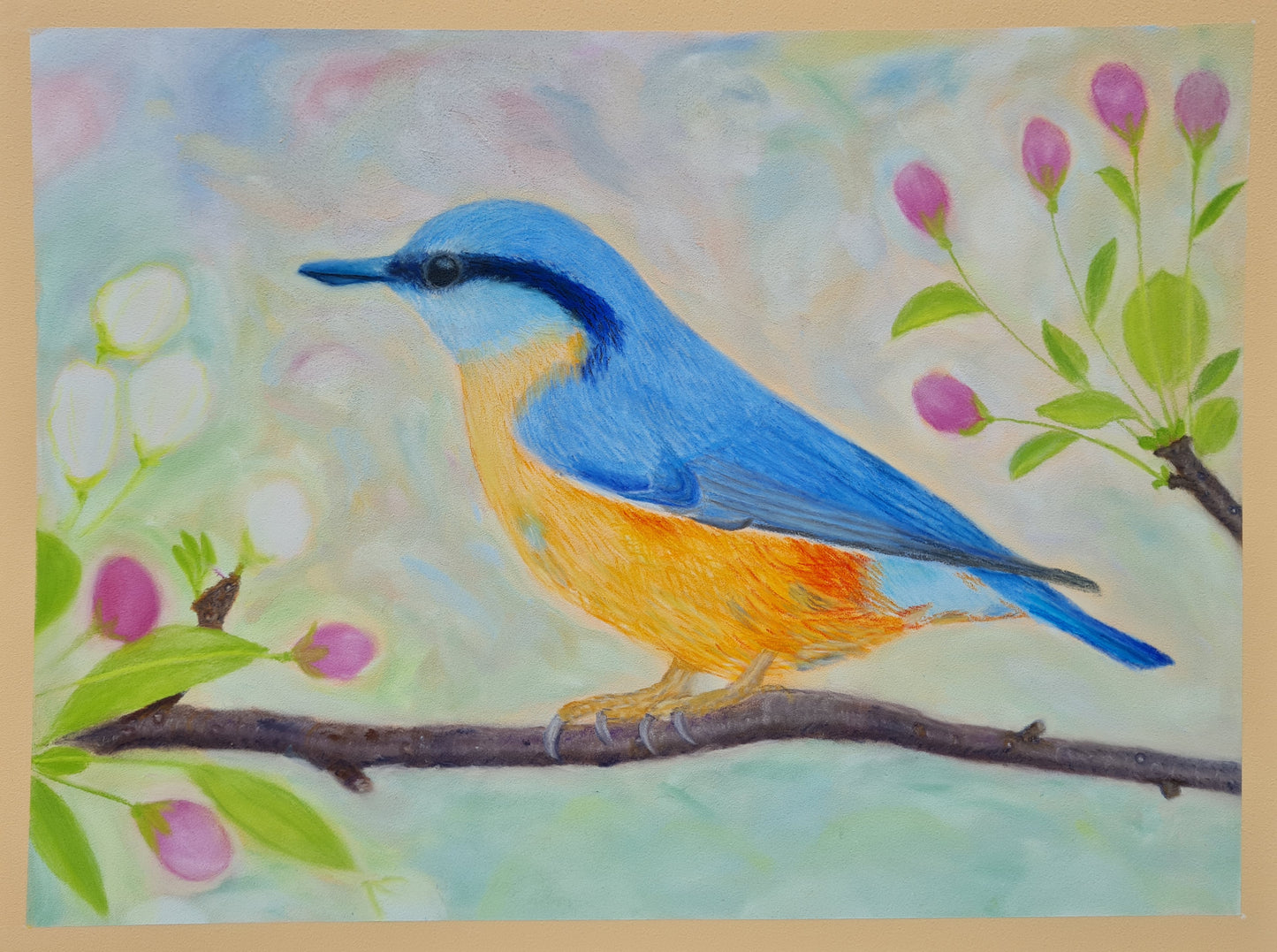 Blue Bird on Branch - Original Pastel Painting 24x32cm