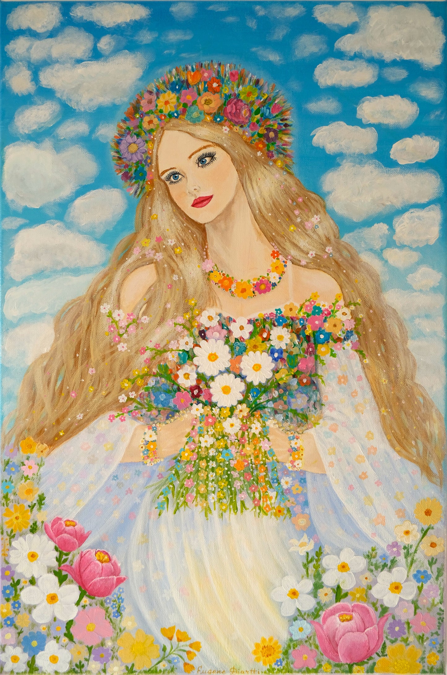 Spring Goddess original acrylic painting by Eugene Diartti - 40x60cm floral art with goddess and flowers